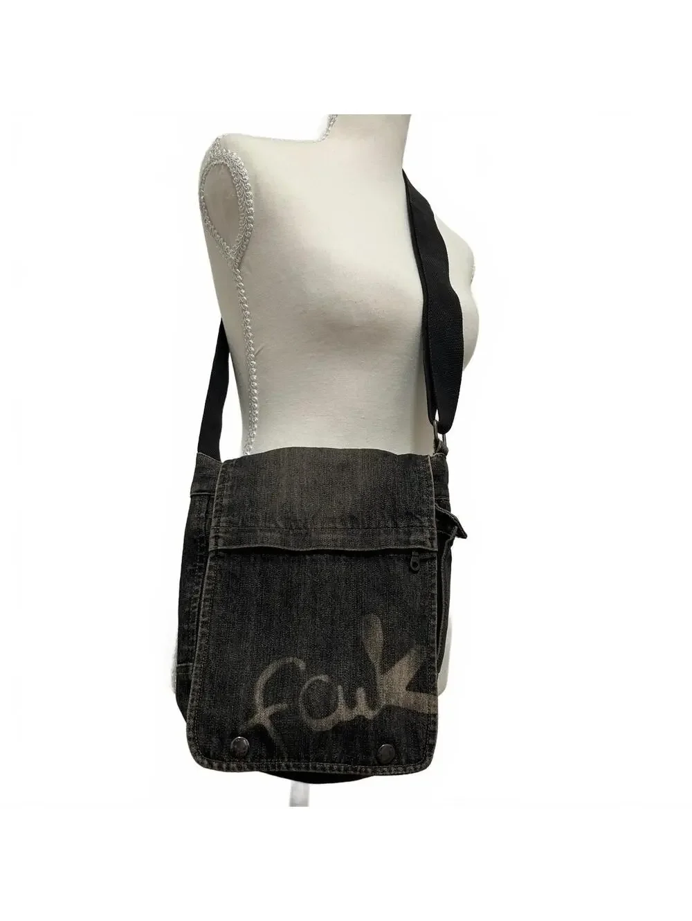 VTG Y2K Fcuk Jeans Dark Wash Cotton Denim Crossbody Bag Men's One Size Black